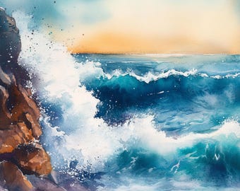 みみ水彩画 海辺の春　値段は※900円です 9 印刷可能な海、海辺の水彩画、波のイラスト、海好きへのギフト、熱帯