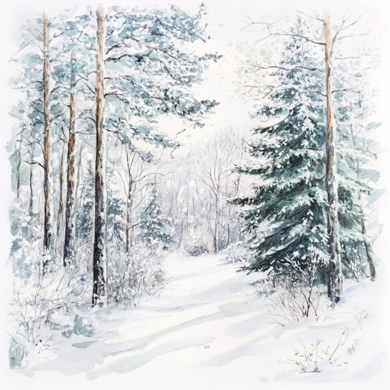 10 Winter Snowy Forest Watercolor Art Christmas Decor Snowy Forest