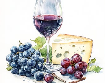Peut inclure: Un verre de vin rouge, un morceau de fromage suisse et deux grappes de raisin, une rouge et une bleue, sur une surface blanche.