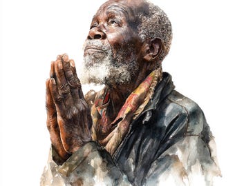 10 Printable elderly black man, Watercolor Praying Grandpa Clipart Bundle, Praying Black man, realistic Illustration