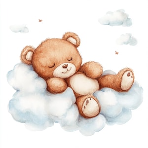 10 orsacchiotti di peluche stampabili Sleeppy Teddy Bear, acquerello, stampa di orsacchiotti di peluche addormentati, uso commerciale, design di carta, orsacchiotto sulle nuvole