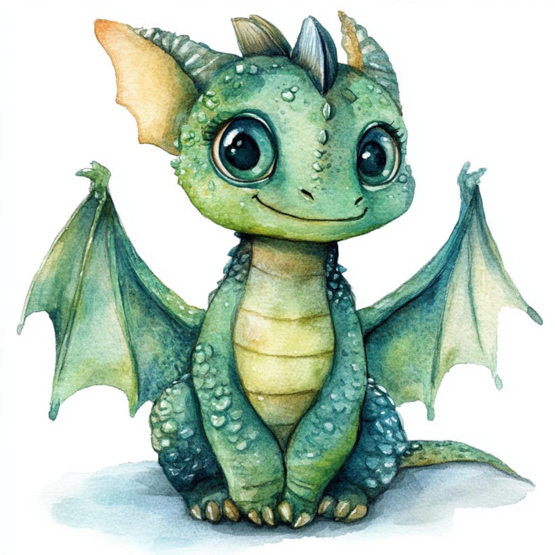 May include: A watercolor painting of a green baby dragon with large eyes and a toothy grin. The dragon has small wings and is sitting on a white background.
