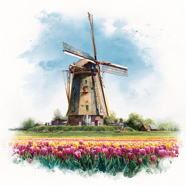 12 Printable Windmills, Watercolor Windmill and Tulip Fields Clipart