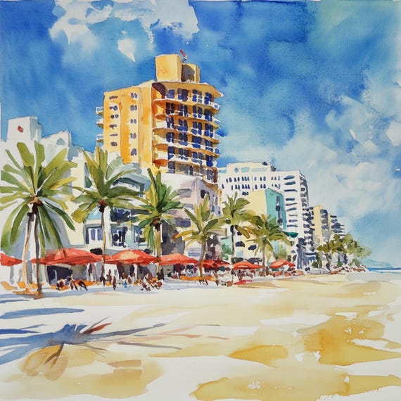 印刷可能なマイアミビーチ、海岸の風景画、フロリダの風景画、マイアミ