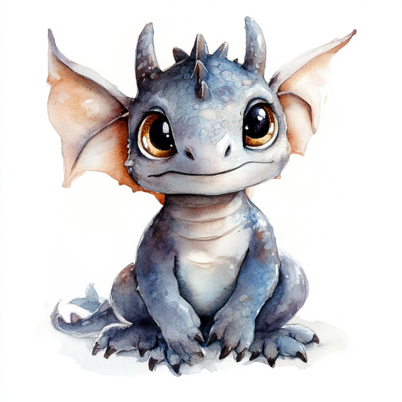 May include: A watercolor painting of a small, blue dragon with large, golden eyes. The dragon has a small, pointed snout and large, bat-like wings. It is sitting on a white background.