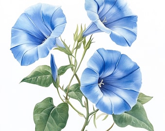 10 Printable Ipomoea, Blue Flower, Morning Glory Botanical painting, Watercolor clipart, Ipomoea print, Garden flower, Commersial use