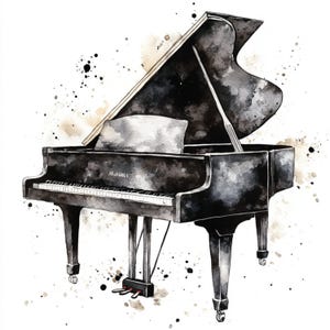 Pu&ograve; includere: Illustrazione ad acquerello di un pianoforte a coda nei toni del nero e del grigio. I tasti del pianoforte sono bianchi e neri, con spartiti sul leggio. Schizzi marroni e neri esaltano lo stile artistico. Il pianoforte ha tre gambe e pedali.