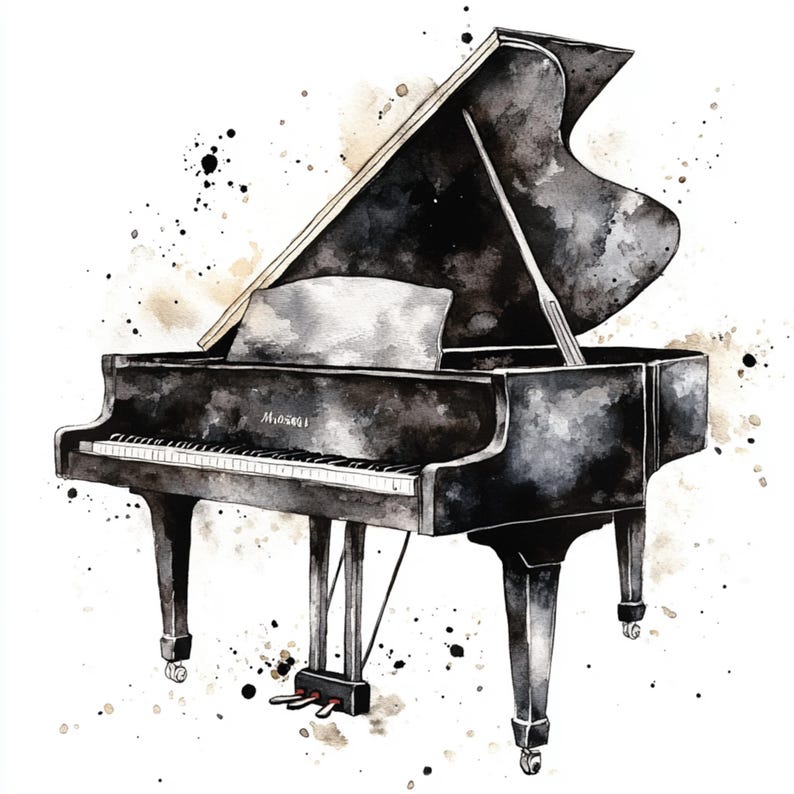 Pu&ograve; includere: Illustrazione ad acquerello di un pianoforte a coda nei toni del nero e del grigio. I tasti del pianoforte sono bianchi e neri, con spartiti sul leggio. Schizzi marroni e neri esaltano lo stile artistico. Il pianoforte ha tre gambe e pedali.
