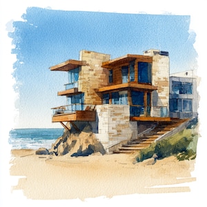 May include: Watercolor painting of a modern beachfront house with multiple levels. The house features large windows, wooden accents, and a stone facade. The house is on a sandy beach with the ocean in the background under a blue sky.