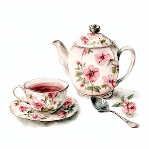 May include: A watercolor painting of a floral tea set. A white teapot with pink flowers and green leaves is depicted, along with a matching teacup and saucer. A silver teaspoon is also included in the image.