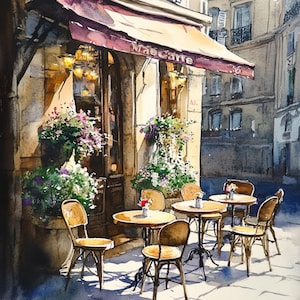10 Wydrukuj kawiarnię w Paryżu, wystrój francuskiego bistro, europejskie malarstwo uliczne, przytulna sztuka kawiarni, ilustracja z Paryża w stylu vintage
