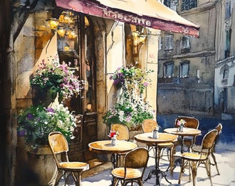 10 Printable paris cafe, french bistro decor, european street painting ,cozy coffee shop art,  vintage paris illustration