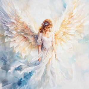 May include: A watercolor painting of an angel with large white wings and a flowing white dress. The angel has long brown hair and a crown of flowers on her head. The background is a soft blue and white.