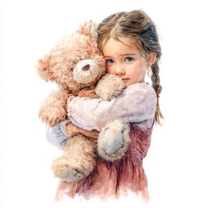 May include: Watercolor illustration of a young girl with blue eyes and braided hair hugging a plush teddy bear. The girl wears a pink dress and a white long-sleeved shirt. The teddy bear is light brown with a beige snout and paws.