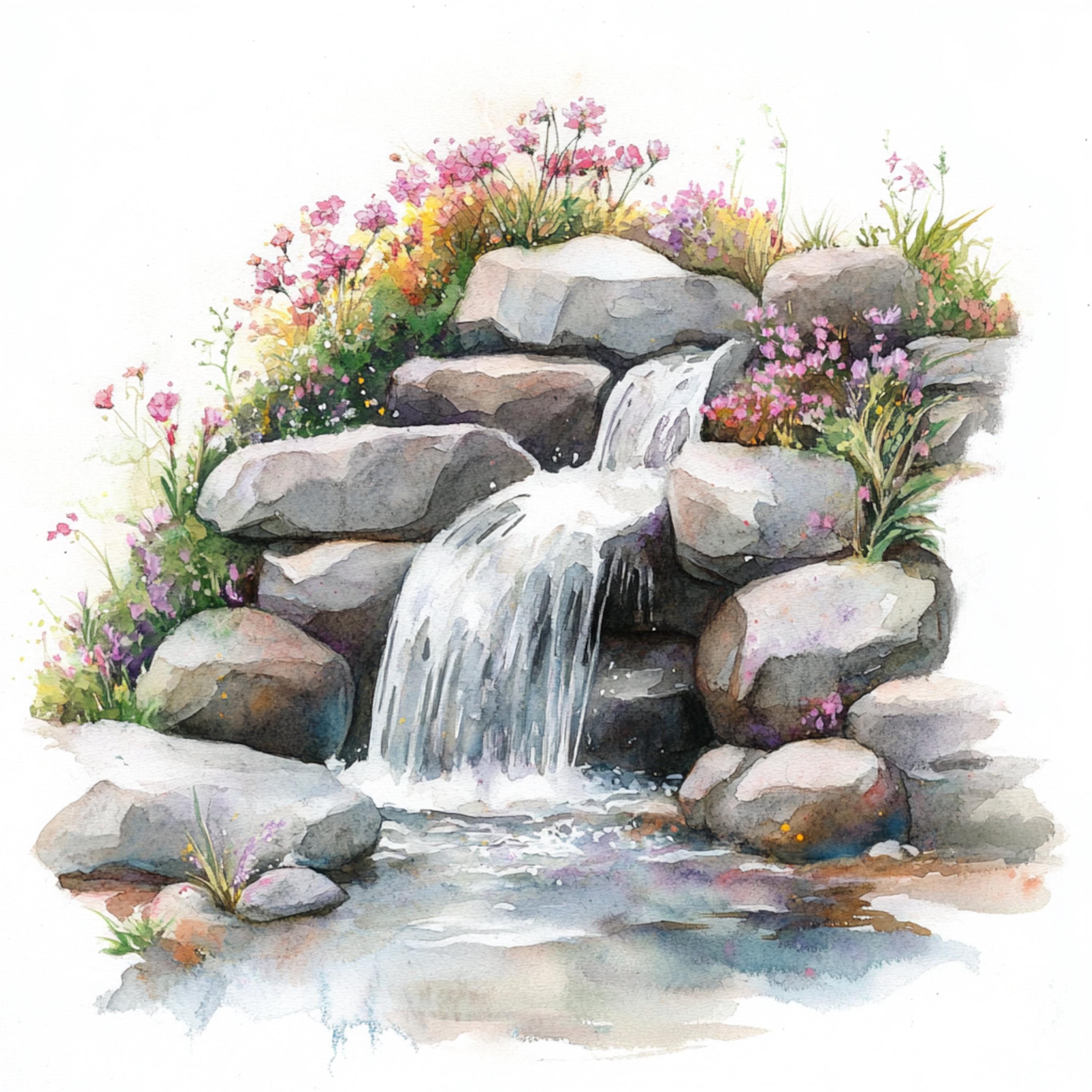 10 印刷可能な滝、水彩画の滝、庭の滝、素朴な装飾、紙のデザイン、花