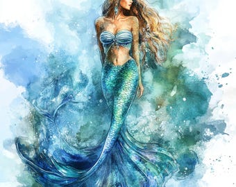 10 Printable Mermaide Clipart, Mermaide Fairies Clipart, Printable Watercolor clipart, High Quality JPGs, Mermaide Girl wall art