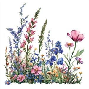 May include: A watercolor painting of a bouquet of wildflowers in shades of pink, blue, and yellow. The flowers are arranged in a loose, natural style, and the background is white.