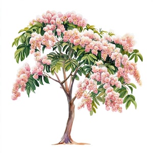 10 Printable mimosa tree, watercolor blossom mimosa, Persian silk tree, pink silk tree, Watercolor Clip Art, pink mimosa tree