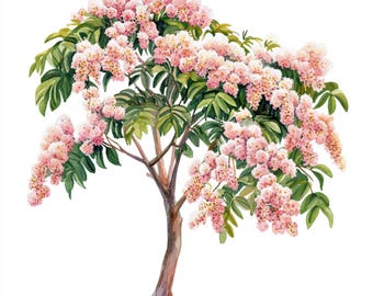 10 Printable mimosa tree, watercolor blossom mimosa, Persian silk tree, pink silk tree, Watercolor Clip Art, pink mimosa tree
