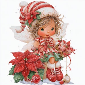 Op de afbeelding: Een grillige illustratie van een kerstfee met een gestreepte hoed en jurk, met poinsettia's en ornamenten. De fee heeft roze wangen, groene ogen en witte vleugels. Rode en witte strepen en accenten zijn aanwezig.