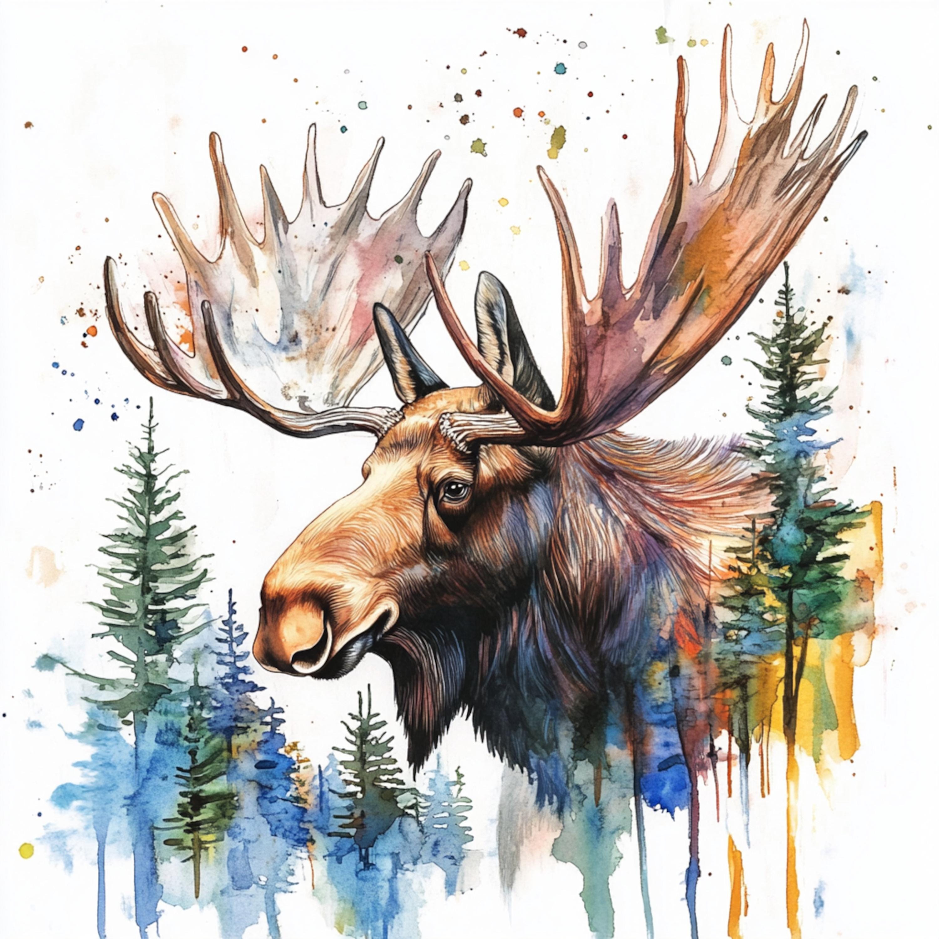 10 Printable Moose in Forest Landscape Art, Moose Card, Watercolor ...