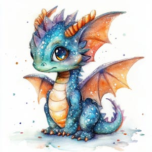 May include: A watercolor painting of a blue and orange baby dragon with large eyes. The dragon has wings and is sitting on a white background.