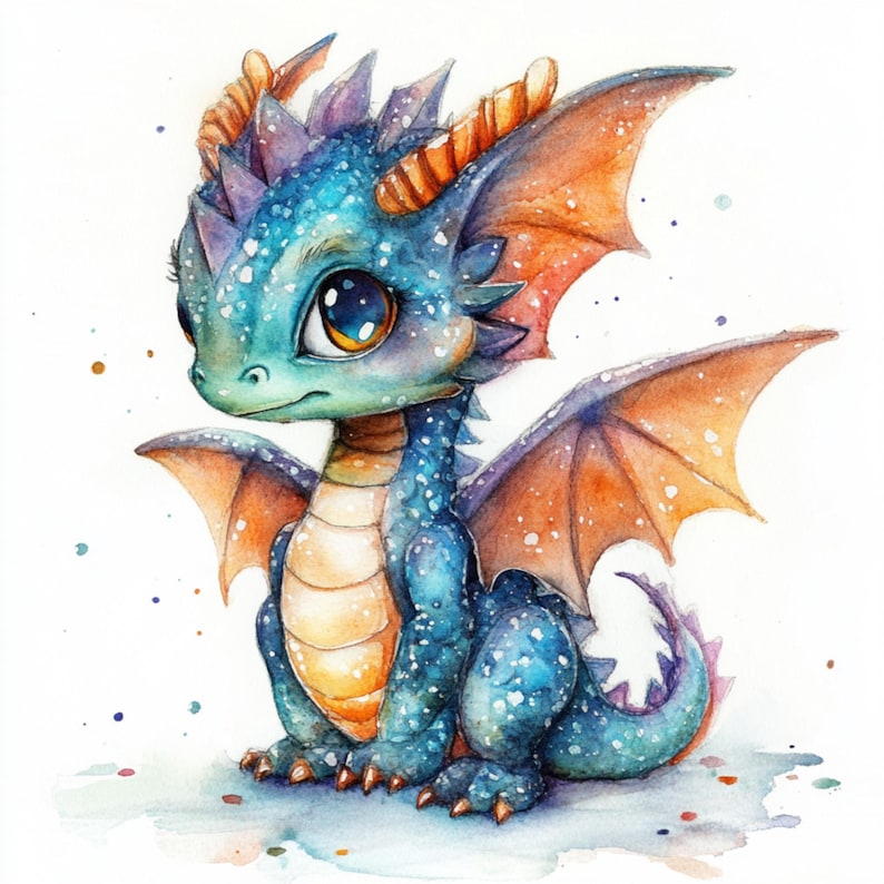 May include: A watercolor painting of a blue and orange baby dragon with large eyes. The dragon has wings and is sitting on a white background.