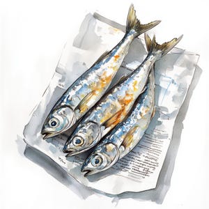 Afdrukbare sardineskunst, aquarel vis op krant, decor zeevoedsel, afdrukbare JPG, instant download, viskunstprint, sardines op papier