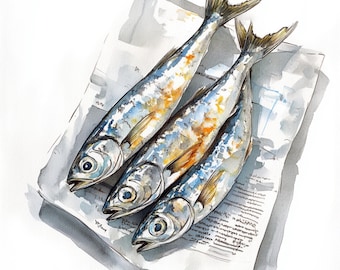 Arte de sardinas imprimible, pez de acuarela sobre periódico, decoración de comida de mar, JPG imprimible, descarga instantánea, impresión de arte de peces, sardinas en papel