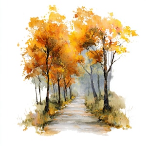 May include: Watercolor painting of a path through a forest in autumn. The trees have vibrant orange and yellow leaves, with a path leading into the distance. The artwork has a soft, dreamy quality, with a touch of mist.