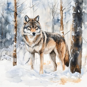 Art de paysage forestier de loup en hiver, carte de loup de Noël, aquarelle imprimable, haute qualité, téléchargement numérique, haute résolution, loup de forêt
