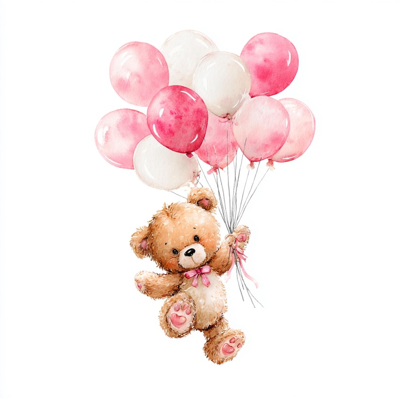 12 Printable Pink Teddy Bear Clipart, Watercolor Air Balloons Print ...