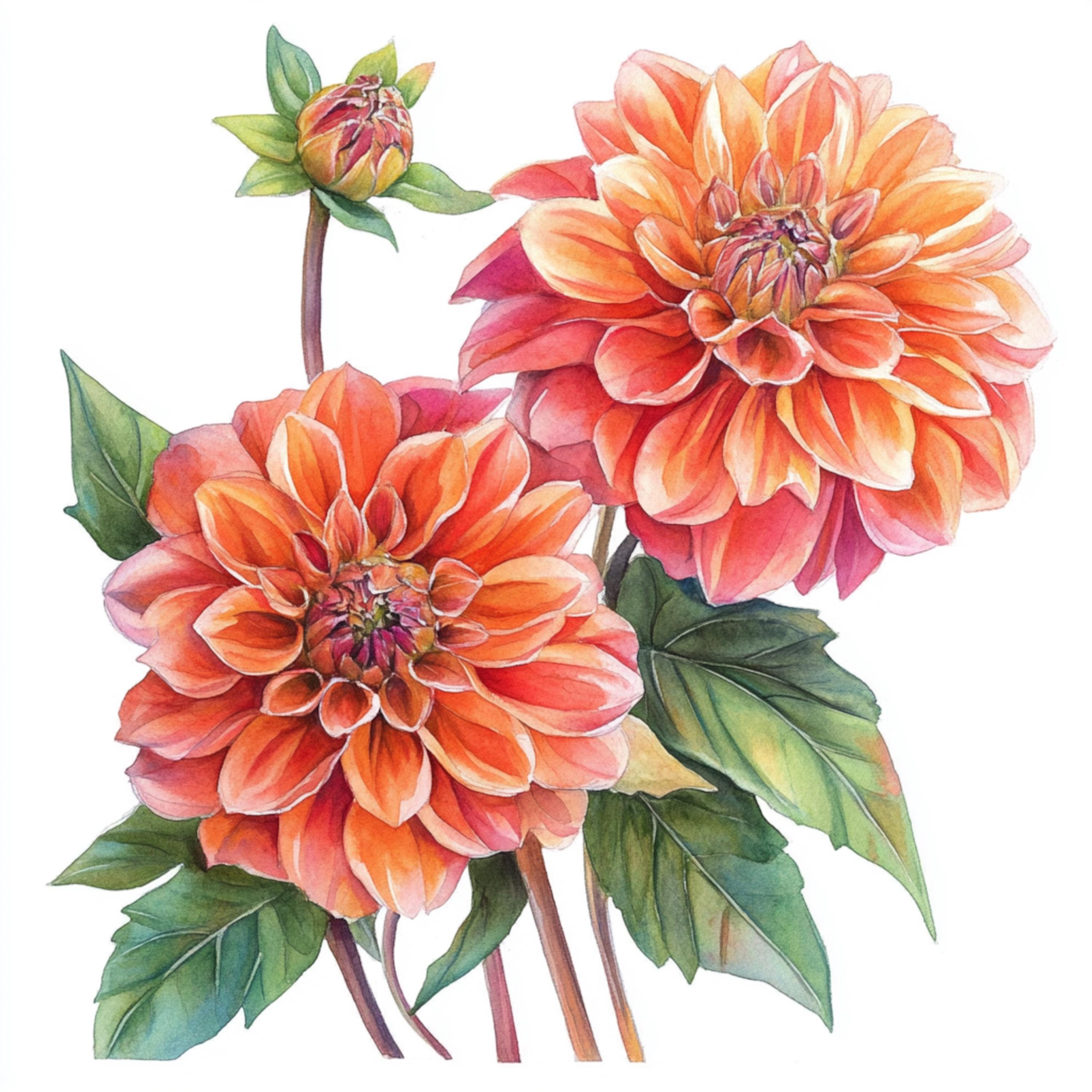 10枚の印刷可能なダリアの花、感謝祭の装飾、水彩画のクリップアート 