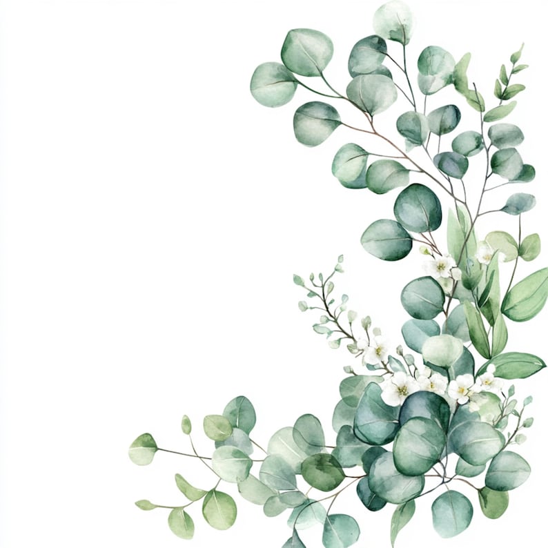 Puede incluir: Ilustraci&oacute;n de acuarela de una rama de eucalipto con flores blancas. La rama es verde y tiene una forma delicada y fluida. Las flores son peque&ntilde;as y blancas, y a&ntilde;aden un toque de elegancia a la ilustraci&oacute;n.