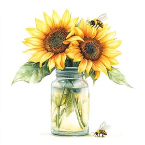 May include: Watercolour painting of two bright yellow sunflowers in a clear glass jar. The sunflowers have dark brown centres and green leaves. Two bees are flying near the flowers. The jar is filled with water.