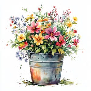 Blumen im Eimer Dekor, Blumen in Eimer Aquarell Bilder, Wildblumen botanische Kunst, Clip Art, Blumenstrauß Design