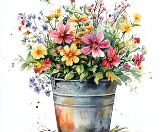 Printable Flowers in Bucket decor, Flowers in Bucket watercolor Images, Wildflower botanical art, Clip Art, bouquet of flower design