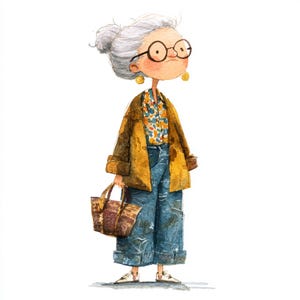 Könnte beinhalten: Aquarellillustration einer älteren Person mit grauem Haar in einem Dutt, die eine runde Brille, goldene Ohrringe, ein Blumenhemd, eine senffarbene Jacke, blaue Jeans und weiße Schuhe trägt. Die Person hält eine braune Tragetasche.