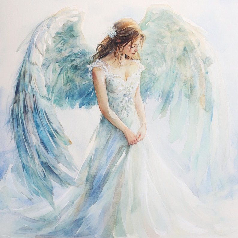 May include: A watercolor painting of an angel with large, feathery wings. The angel is wearing a white gown and has long, flowing hair. The background is a soft, light blue.
