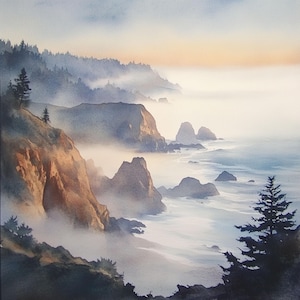 10 Printable Foggy North California coast landscape art, Rainy  Ocean coast art, Watercolor Clip Art, Foggy Pasific beach landscape art