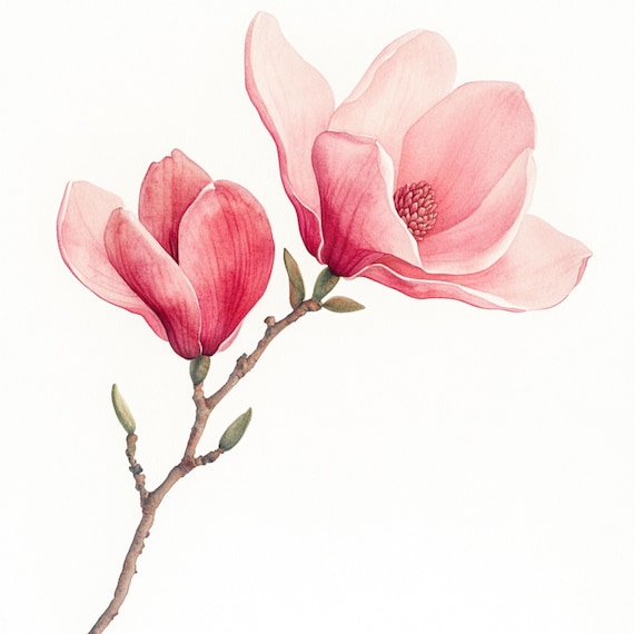 10 Printable magnolia art, watercolor Images, pink magnolia botanical art, magnolia design, Spring pink flower, floral clip art