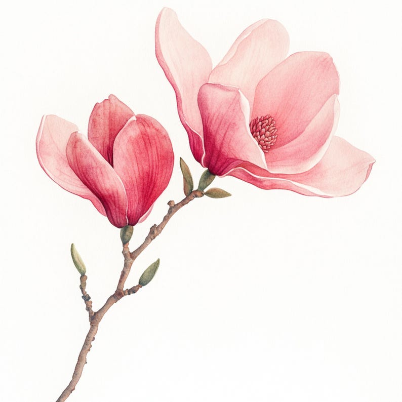 May include: A watercolor painting of two pink magnolia flowers in bloom on a branch with green leaves. The flowers are delicate and have a soft, feminine feel.