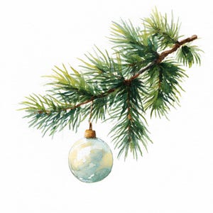 May include: Watercolor painting of a Christmas tree branch with green needles and a brown stem. A clear, round ornament with blue and yellow hues hangs from the branch, suggesting a festive holiday theme.