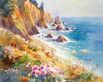 印刷可能な北カリフォルニア海岸の風景画10点、海岸の風景画、水彩