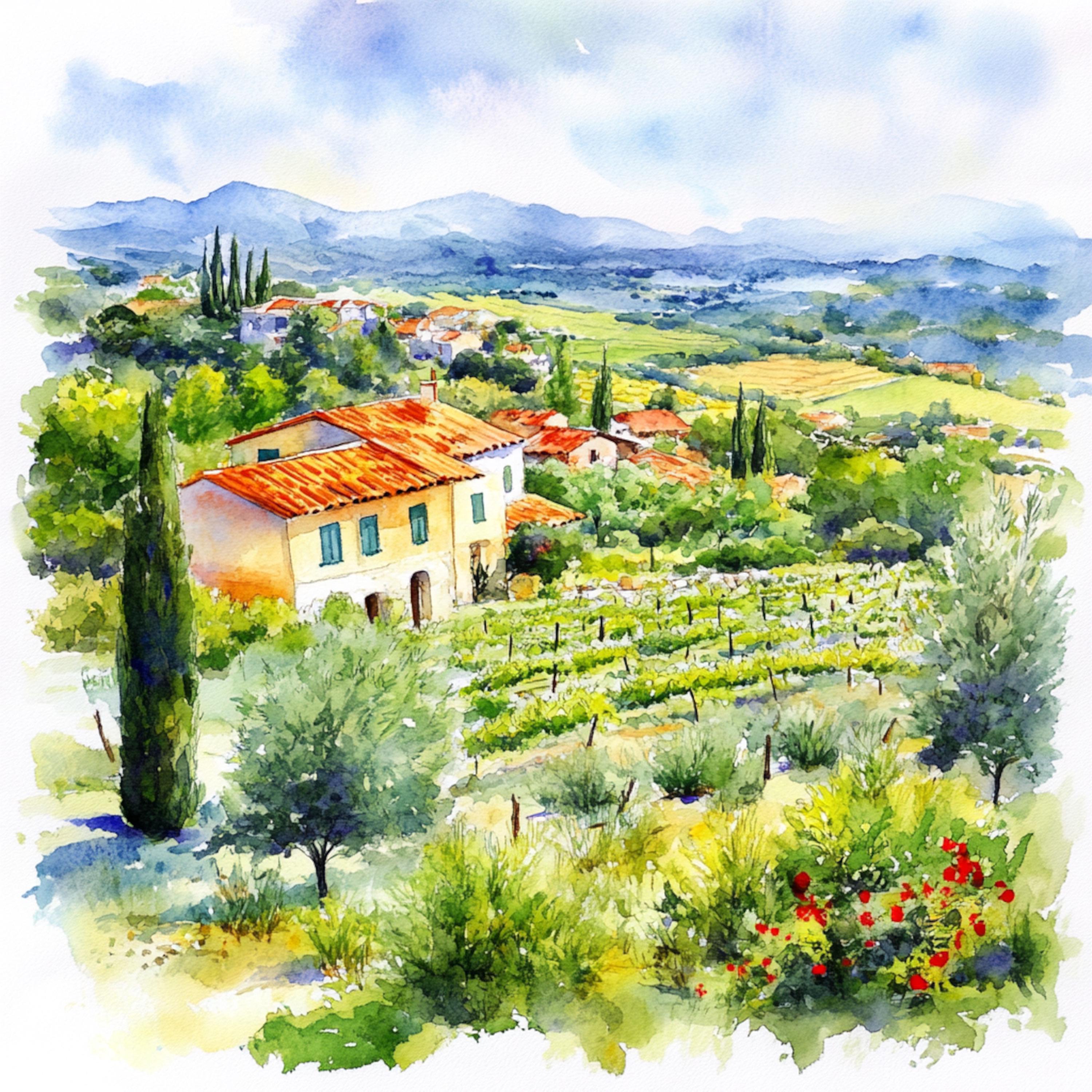 印刷可能なプロヴァンス フランスの風景画、プロヴァンス アート、緑の