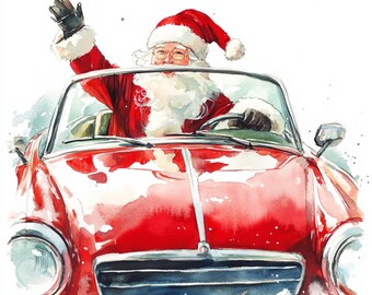 赤い車に乗ったサンタ、水彩画のサンタドライバーのクリップアート