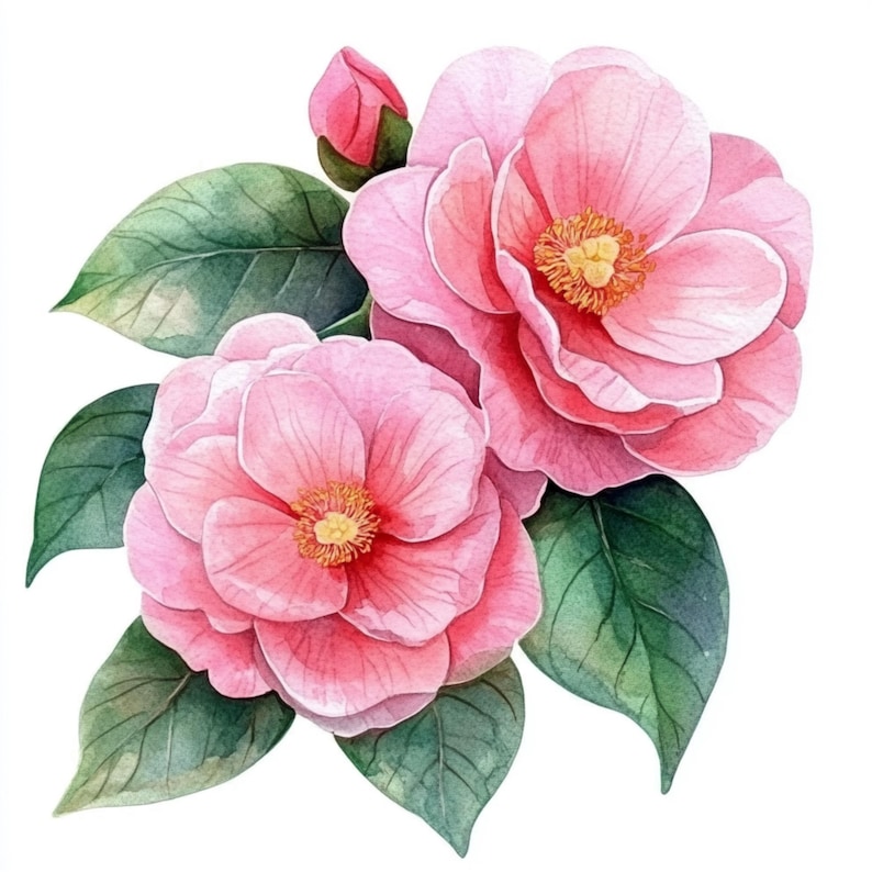 May include: A watercolor painting of pink camellia flowers with green leaves. The flowers are in bloom and have a delicate, feminine appearance.