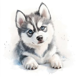 10 Cuccioli di Husky stampabili, arte ad acquerello, ClipArt di tenero cucciolo di husky, Ritratto di animale domestico, Uso commerciale, Design di carta, Bella arte di Husky