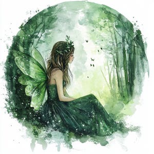 以下が含まれることがあります： 緑色のドレスと羽を着た妖精の水彩画。緑豊かな森の中に座っています。妖精は長い茶色の髪と葉の冠をしています。蝶が彼女の周りを飛び回り、気まぐれなシーンを盛り上げています。