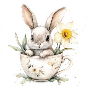 10 Coniglietto stampabile in tazza da tè, acquerello di Pasqua, coniglietto con fiori in tazza, fiori primaverili, animale domestico, disegno di carta di Pasqua